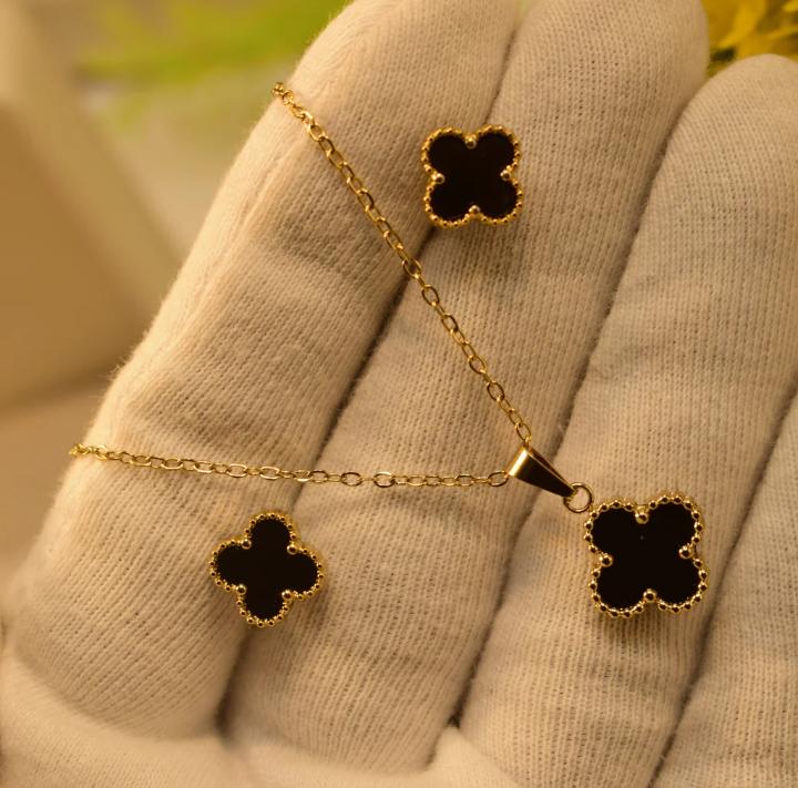 Stunning 3 Pcs Van Cleef Black Stainless Steel Necklace Set