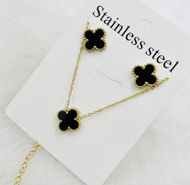 Stunning 3 Pcs Van Cleef Black Stainless Steel Necklace Set