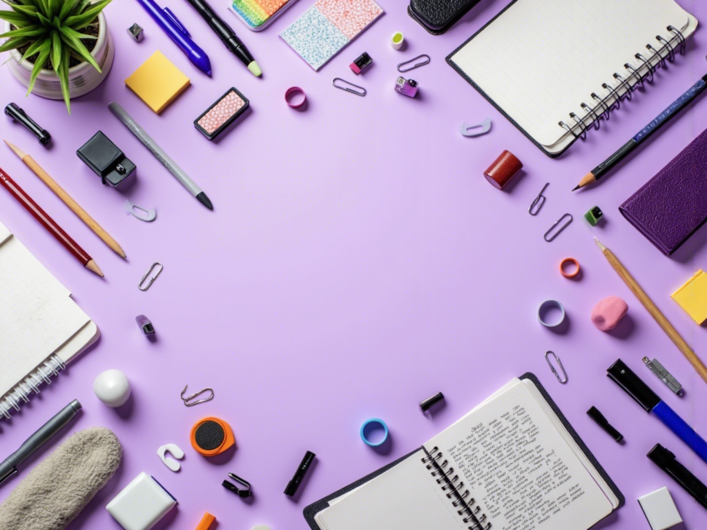 Comprehensive stationery collection on a light purple background featuring wooden pencils, colored pencils, various pens, diaries, notebooks, sticky notes, paper clips, erasers, rulers, washi tapes, and more arranged in a natural, slightly messy way