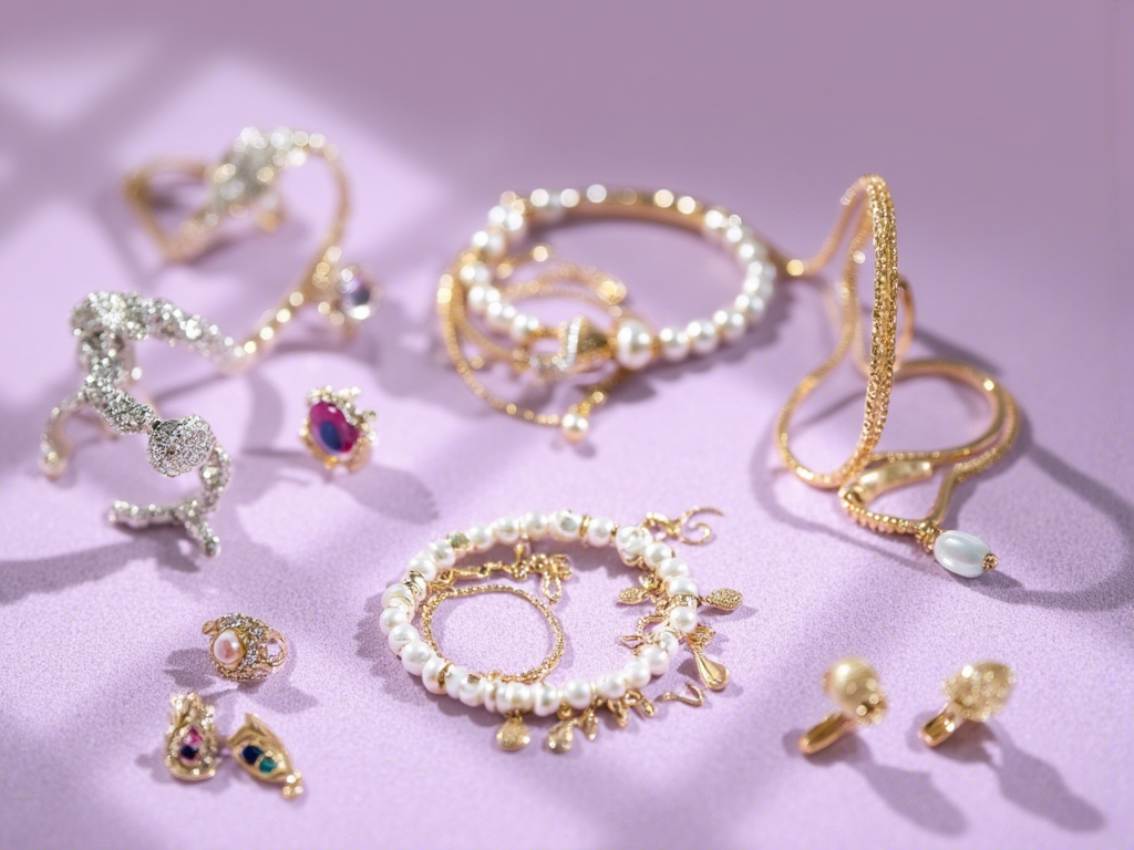 Luxurious display of jewelry items including gold and silver bracelets, pearl and crystal hair clips, statement earrings, and rings arranged on purple velvet with text "Adorn Yourself in Elegance - Exquisite Jewelry Collection"