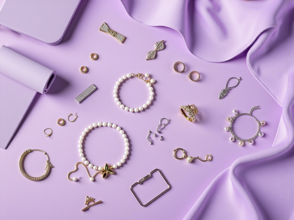 Premium flat lay of jewelry and accessories including gold and silver bracelets, pearl hair clips, various earrings, rings, silk scarves, watches, and leather goods arranged on light purple velvet