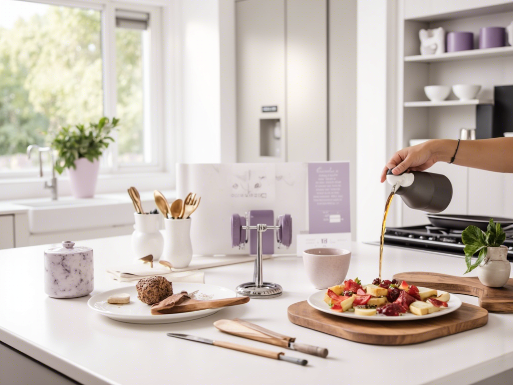 Professional kitchen scene featuring premium accessories including stainless steel utensils, marble measuring cups, wooden cutting boards, and stylish gadgets with "Elevate Your Culinary Experience" text overlay